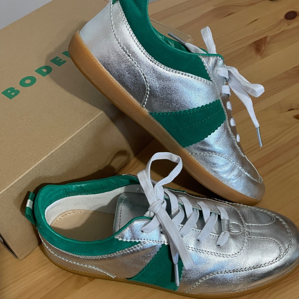 NWT Boden Retro Erin Tennis Trainer Sneakers Silver Green Leather Suede EU 39 - Picture 16 of 17